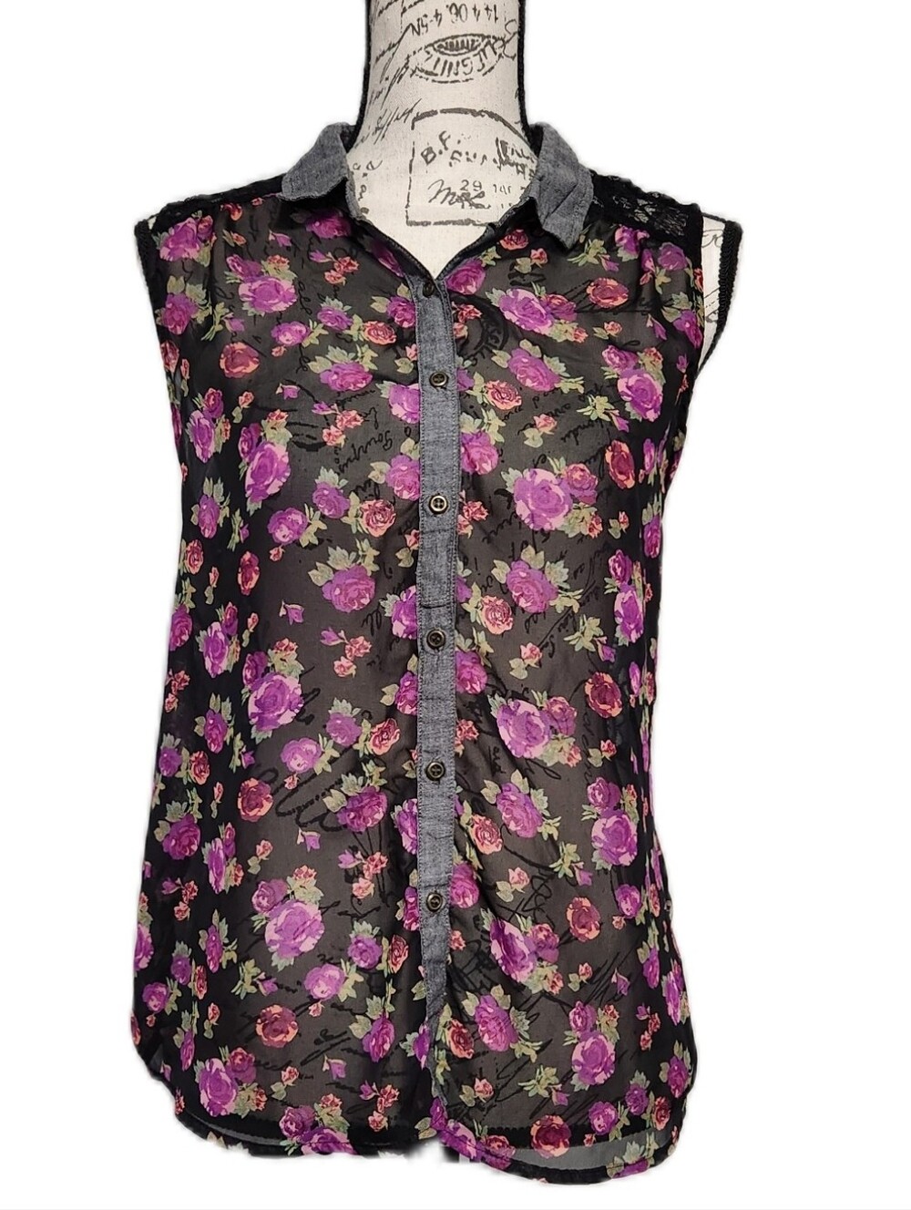 DREAM OUT LOUD Selena Gomez Black & Purple Floral Sheer Button-Down Top GUC XL